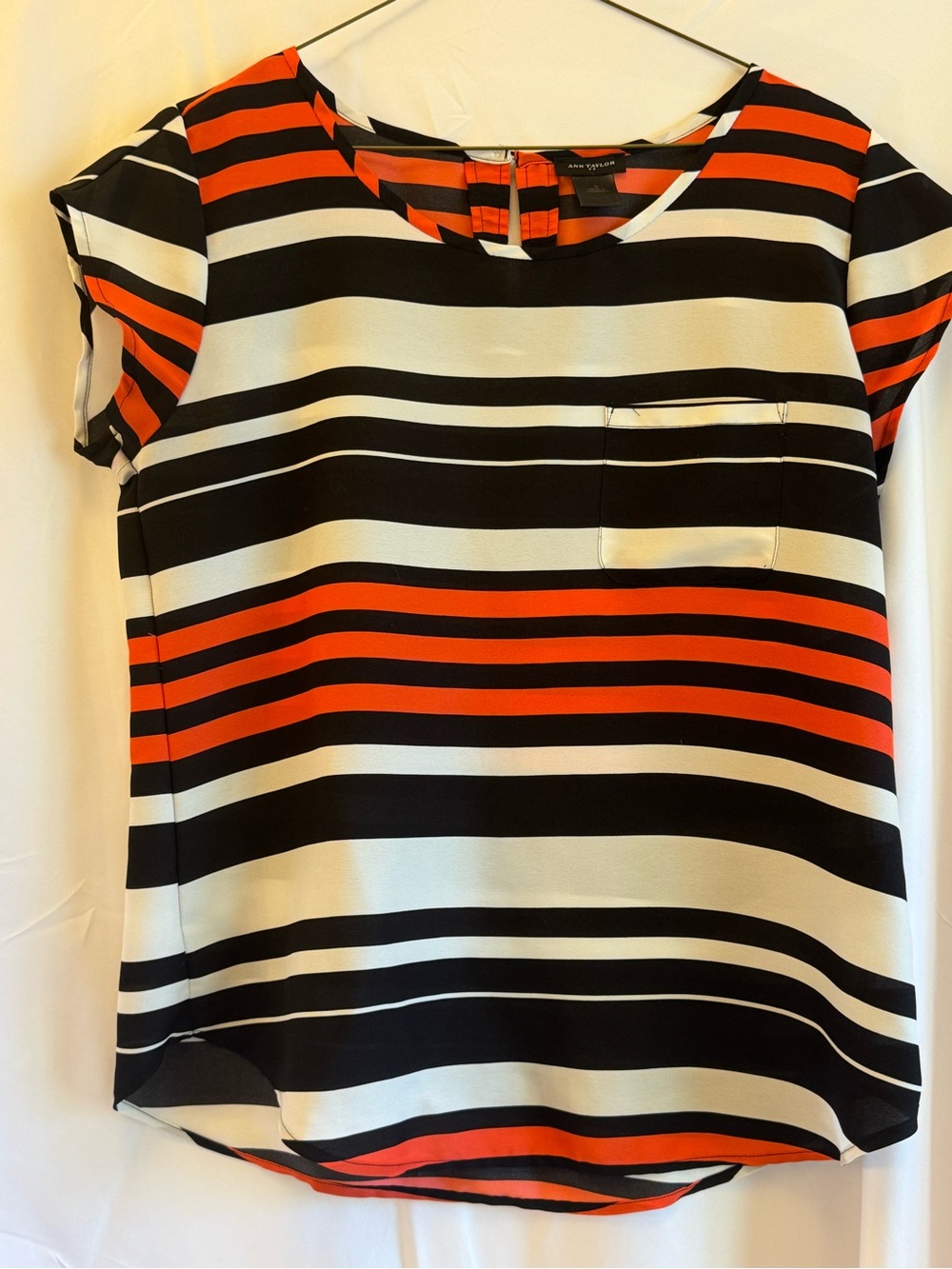Ann Taylor Black, Orange, and White Striped Blouse.